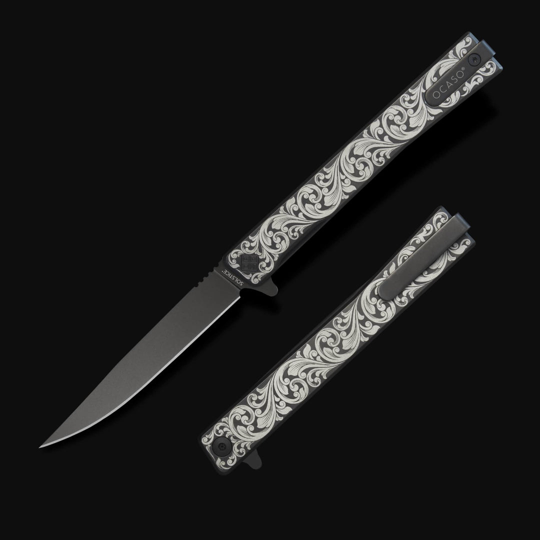 Engraved Titanium Solstice - Scroll + Black Blade