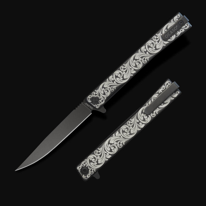 Engraved Titanium Solstice - Scroll + Black Blade