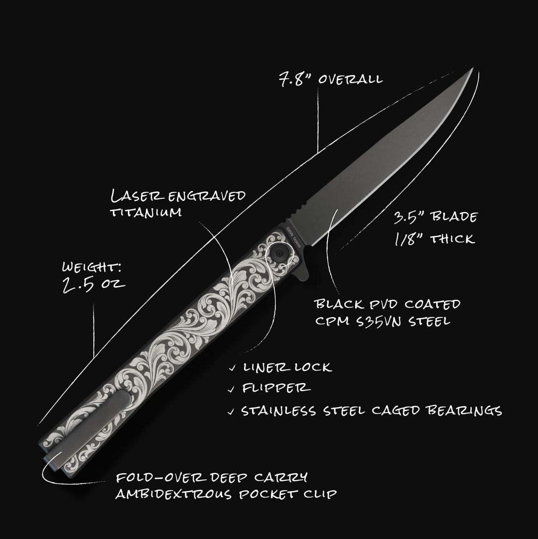 Engraved Titanium Solstice - Scroll + Black Blade
