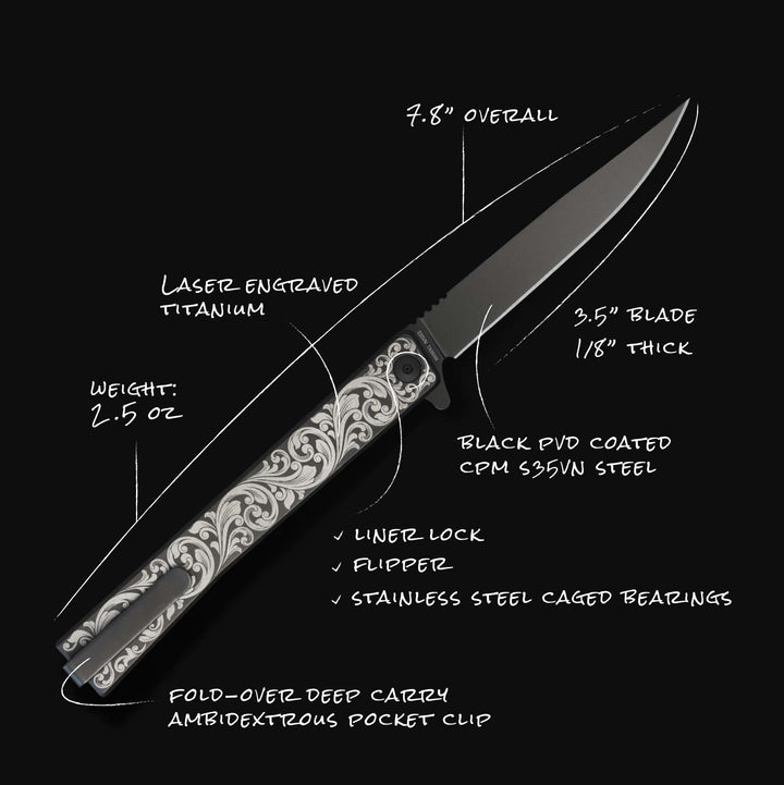 Engraved Titanium Solstice - Scroll + Black Blade