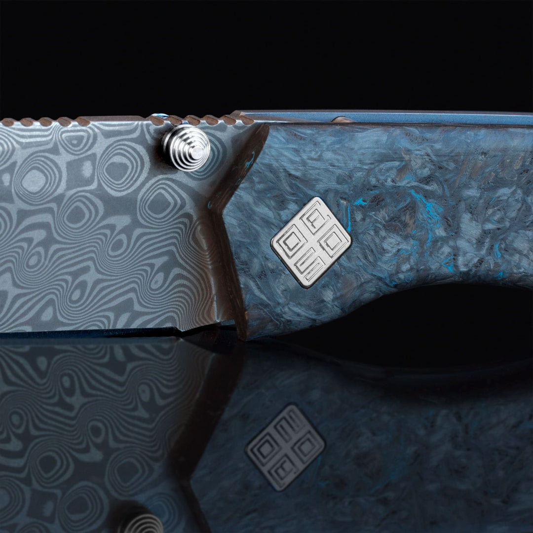 Delos Damascus knives Dark Matter Blue