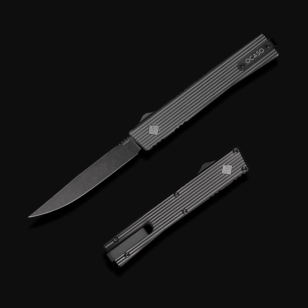 Lucent Automatic OTF Straight blade, Pinstripe handle, Black – full knife open