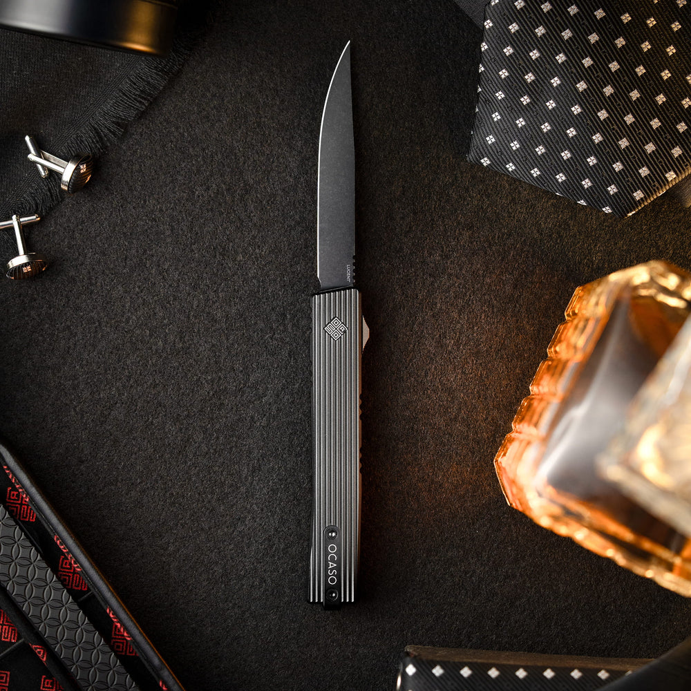 Lucent Automatic OTF Straight blade, Pinstripe handle, Black – full knife open