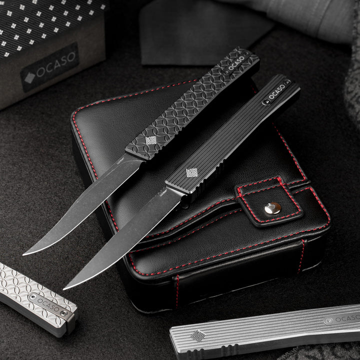 Lucent Automatic OTF Straight blade, Pinstripe handle, Black – full knife open